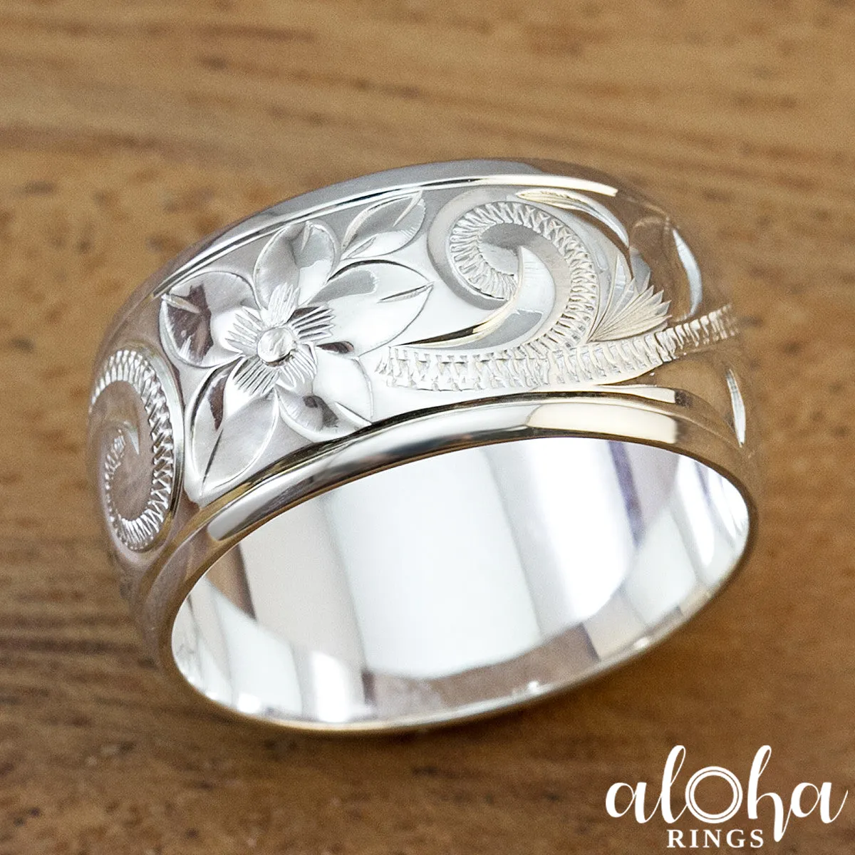 925 Sterling Silver Hand Engraved Old English Design Ring with Polished Edges - 10mm, Dome Shape, Standard Fitment