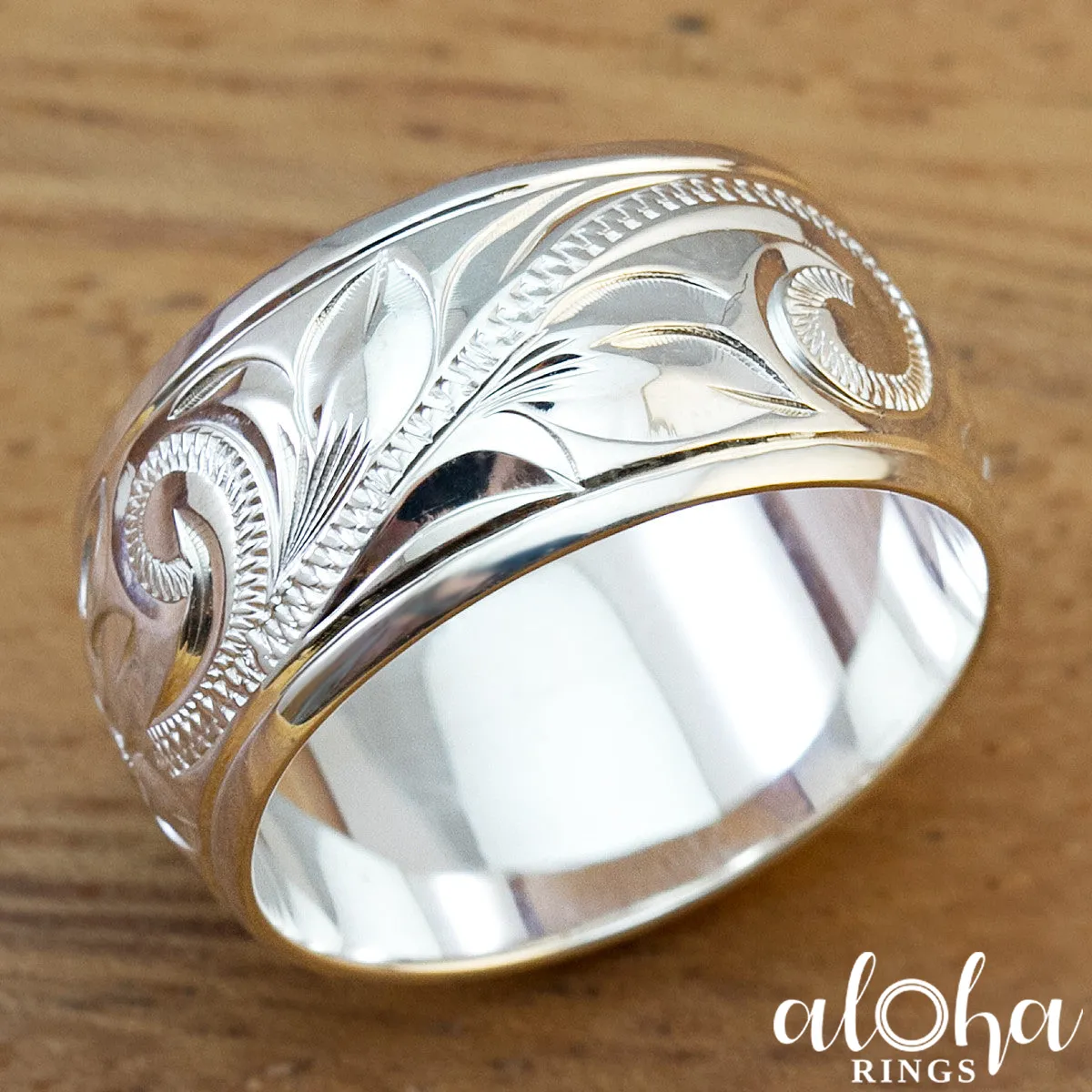 925 Sterling Silver Hand Engraved Old English Design Ring with Polished Edges - 10mm, Dome Shape, Standard Fitment