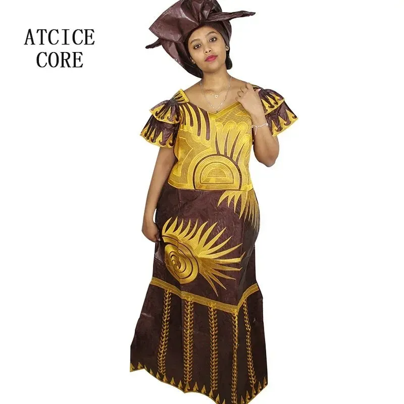 African Dresses for Women – Fashionable Long Dress with Embroidery Design & Matching Scarf