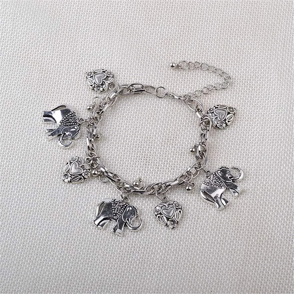 AILUOR Vintage Elephant Heart Bracelet, Bohemian Love Heart Elephant Animal Tassel Anklet Bracelets Charming Jewelry for Women Girl Silver
