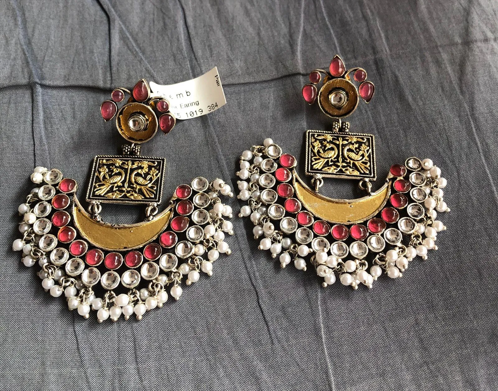 Antique Earrings with Intricate Peacock Design with Semi Precious Stones