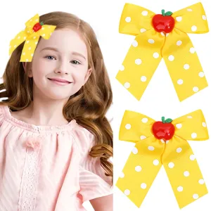 Back to School Hair Clips Cute Hair Bow Clip for Girls Yellow Bow Hair Long Bows Fruit Hair Barrettes Hairpin for Toddler Teens Kids Teacher First Day of School Hair Accessories for Styling 2PCS