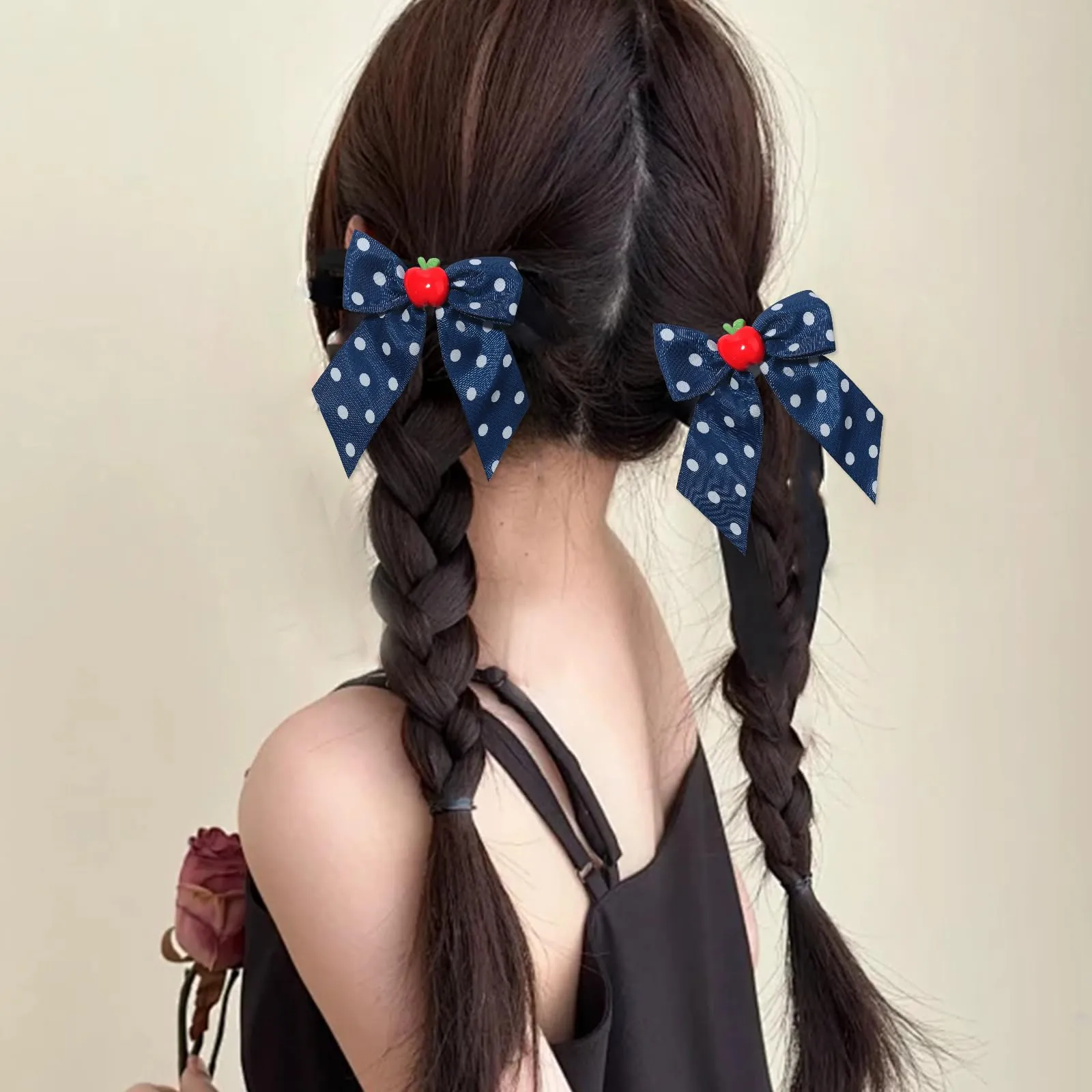 Back to School Hair Clips Cute Hair Clip for Girls Fruit Bow Clip Navy Blue Bows Grosgrain Ribbon Long-style Hair Barrettes Hair Accessories for Baby Kids Toddler Teacher Hairpin for Styling 2PCS