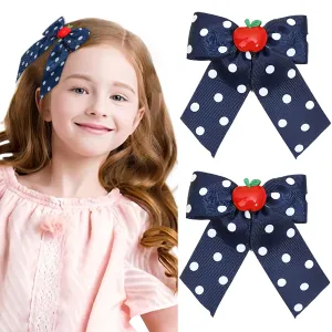 Back to School Hair Clips Cute Hair Clip for Girls Fruit Bow Clip Navy Blue Bows Grosgrain Ribbon Long-style Hair Barrettes Hair Accessories for Baby Kids Toddler Teacher Hairpin for Styling 2PCS