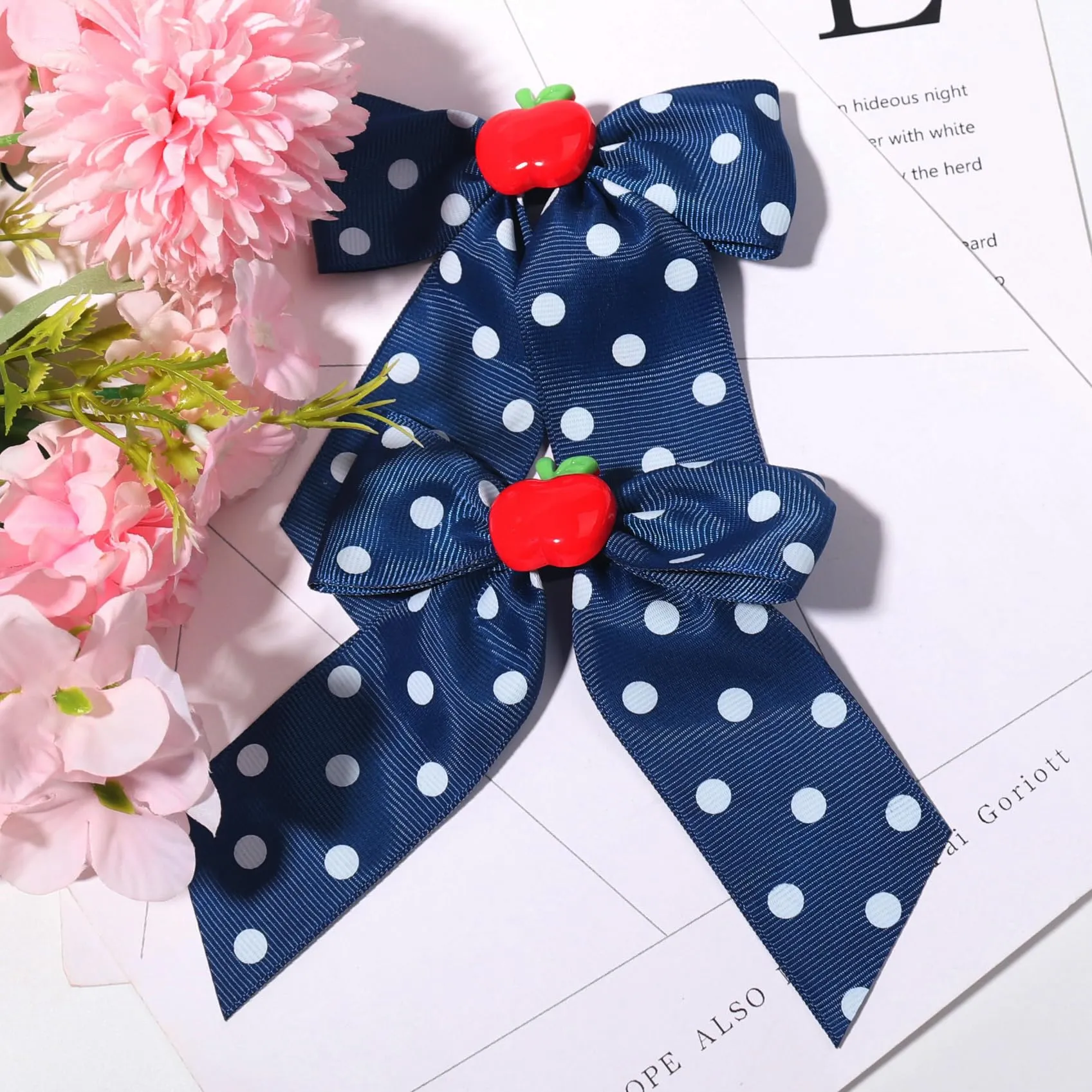 Back to School Hair Clips Cute Hair Clip for Girls Fruit Bow Clip Navy Blue Bows Grosgrain Ribbon Long-style Hair Barrettes Hair Accessories for Baby Kids Toddler Teacher Hairpin for Styling 2PCS