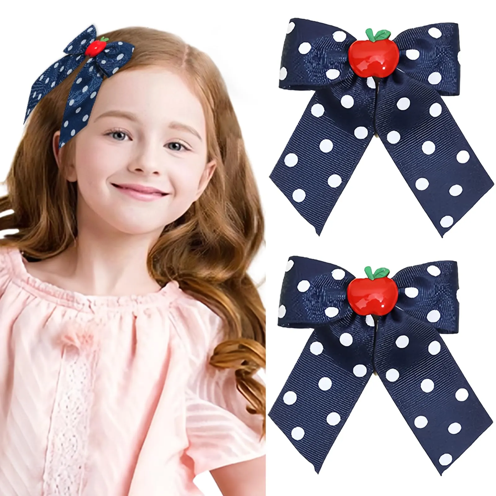 Back to School Hair Clips Cute Hair Clip for Girls Fruit Bow Clip Navy Blue Bows Grosgrain Ribbon Long-style Hair Barrettes Hair Accessories for Baby Kids Toddler Teacher Hairpin for Styling 2PCS
