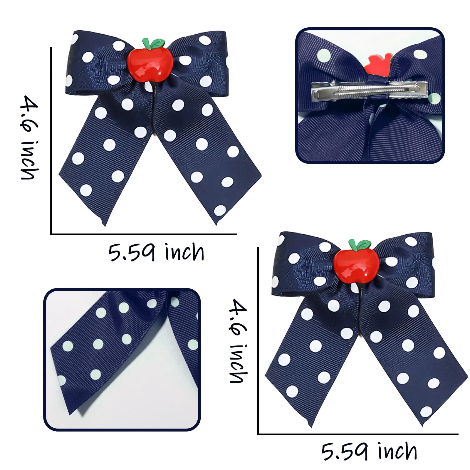 Back to School Hair Clips Cute Hair Clip for Girls Fruit Bow Clip Navy Blue Bows Grosgrain Ribbon Long-style Hair Barrettes Hair Accessories for Baby Kids Toddler Teacher Hairpin for Styling 2PCS