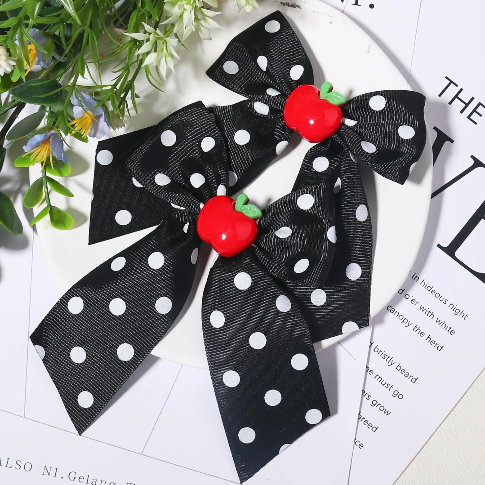 Back to School Hair Clips for Girls Grosgrain Ribbon Bow Clip Cute Hair Clip Black Bows Fruit Hair Bows Large Hair Barrettes Hairpin for Baby Kids Toddler Teacher Hair Accessories for Styling 2PCS
