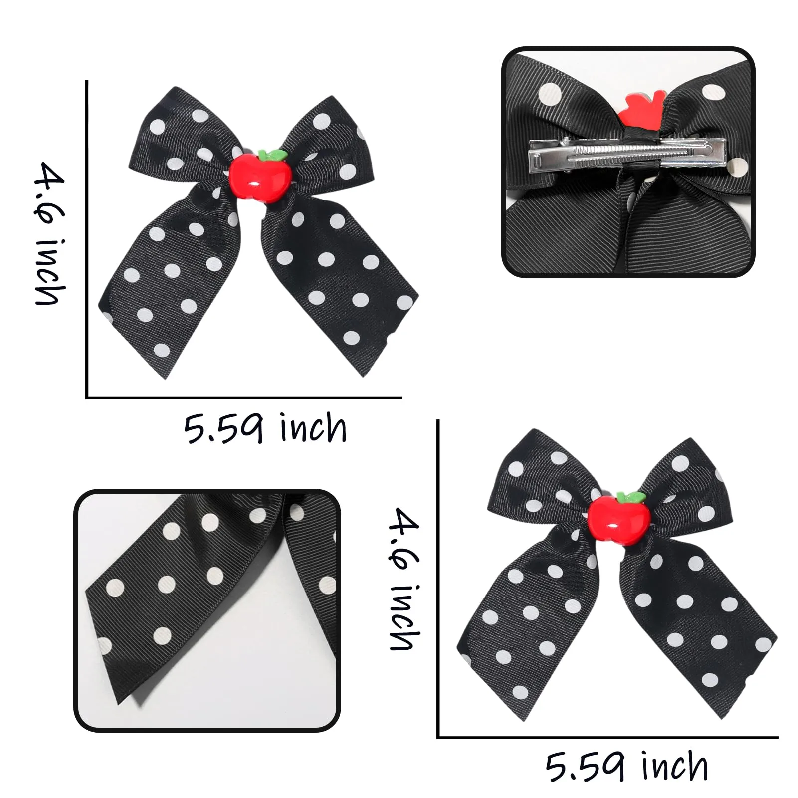 Back to School Hair Clips for Girls Grosgrain Ribbon Bow Clip Cute Hair Clip Black Bows Fruit Hair Bows Large Hair Barrettes Hairpin for Baby Kids Toddler Teacher Hair Accessories for Styling 2PCS