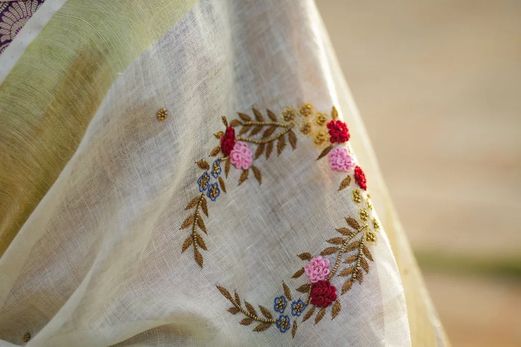 BEIGE PURE LINEN SAREE WITH INTRICATE EMBROIDERY & MIRROR WORK EMBELLISHMENTS