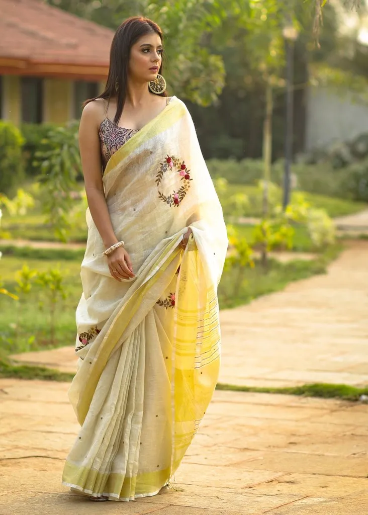 BEIGE PURE LINEN SAREE WITH INTRICATE EMBROIDERY & MIRROR WORK EMBELLISHMENTS