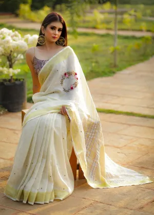 BEIGE PURE LINEN SAREE WITH INTRICATE EMBROIDERY & MIRROR WORK EMBELLISHMENTS