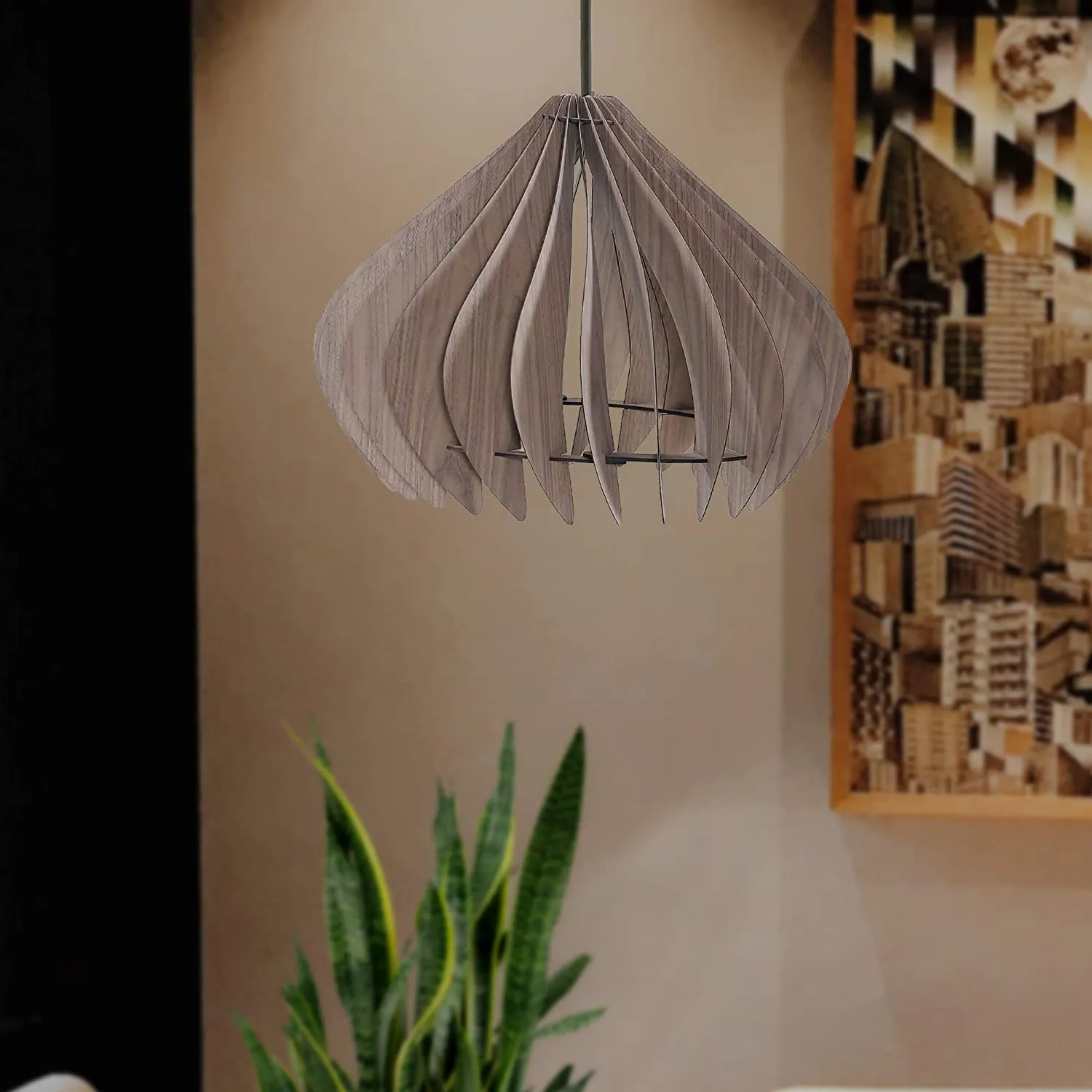 Benzara 60 Watt Semi Cage Shape Wooden Ceiling Pendant, Walnut Brown