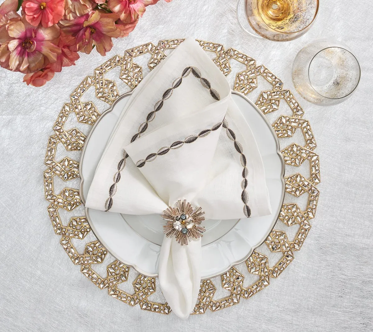 Bijoux Napkin Ring in Champagne & Crystal, Set of 4 in a Gift Box