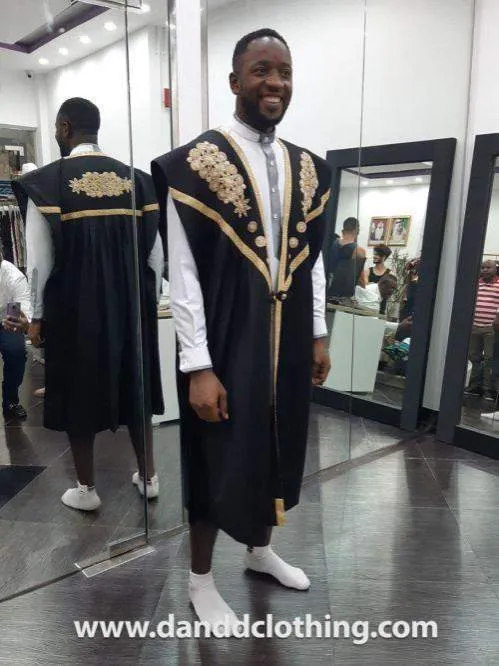 Black Agbada with Intricate Gold Embroidery