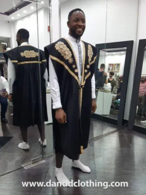 Black Agbada with Intricate Gold Embroidery