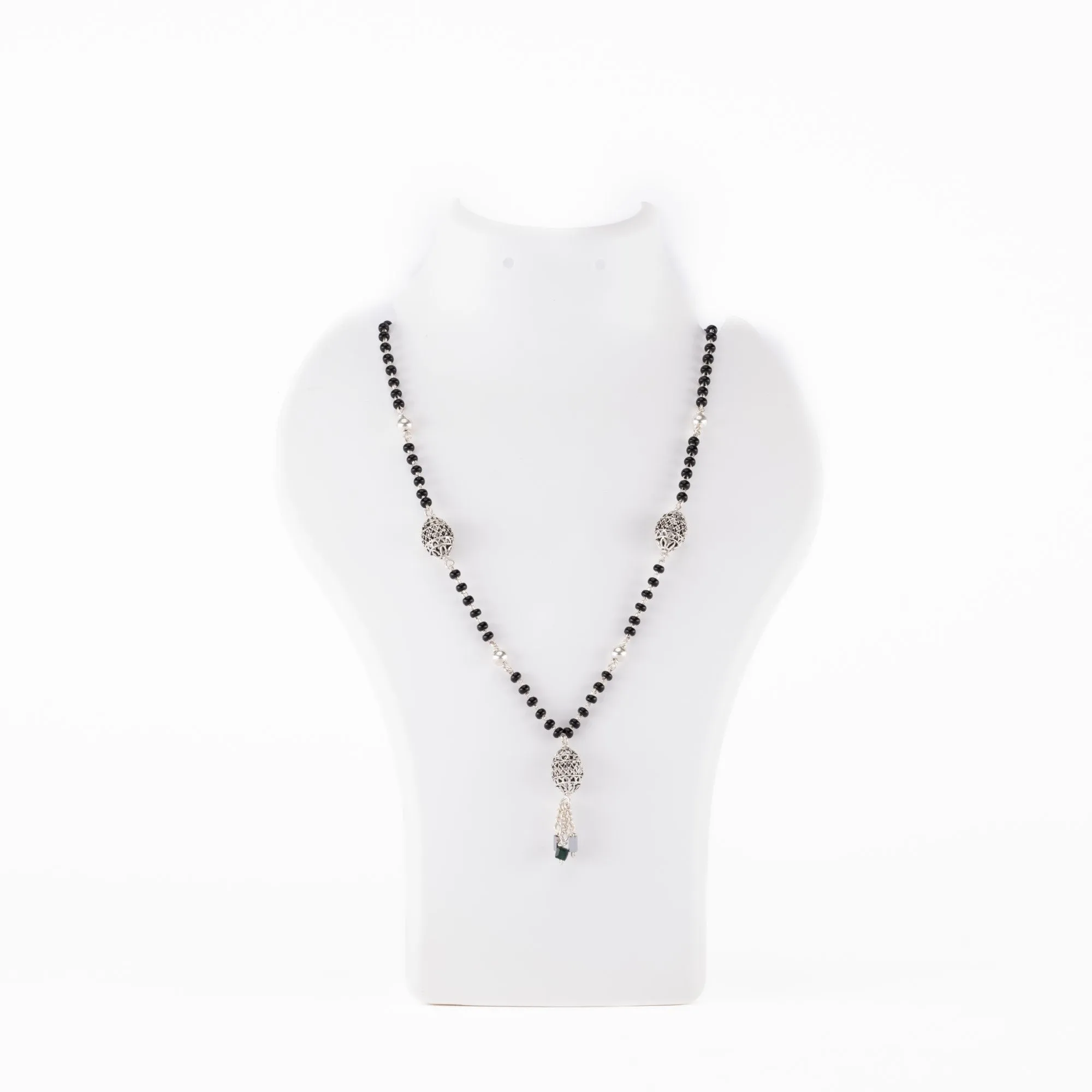 Black Beads Mangal Sutra with 3 Dangling Beaded Silver Pendants for Women