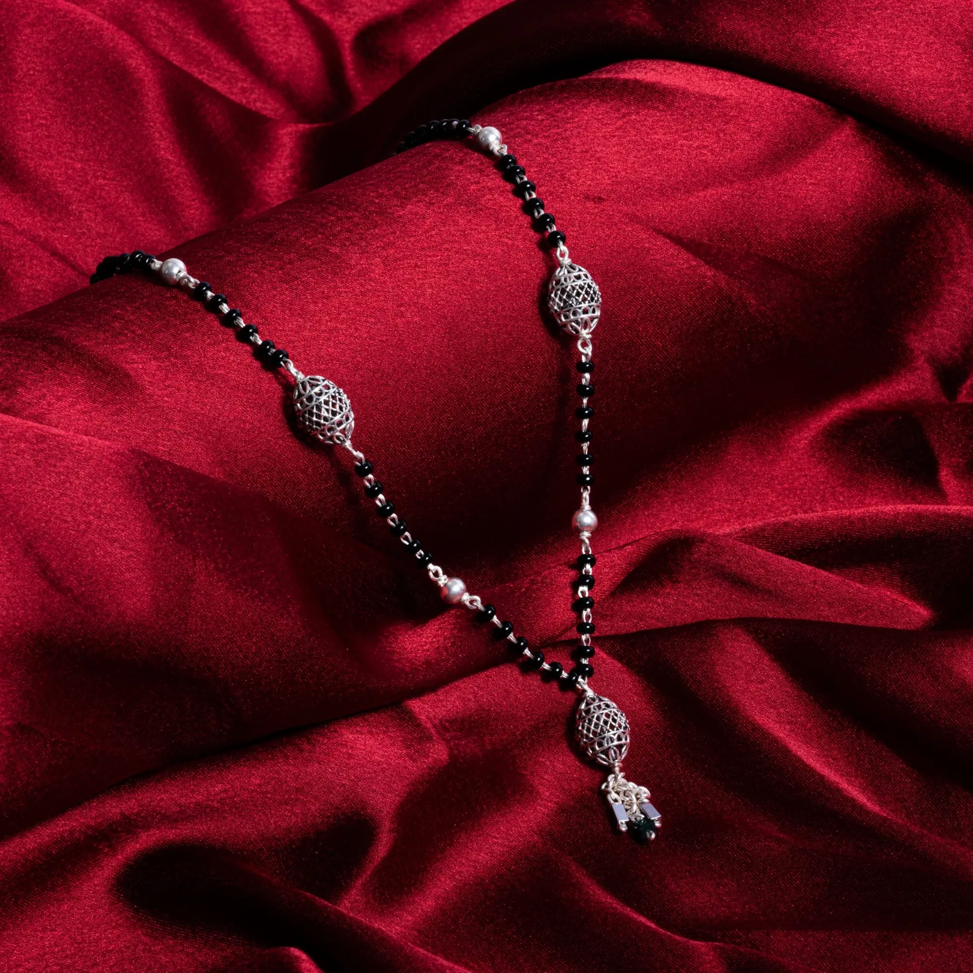 Black Beads Mangal Sutra with 3 Dangling Beaded Silver Pendants for Women