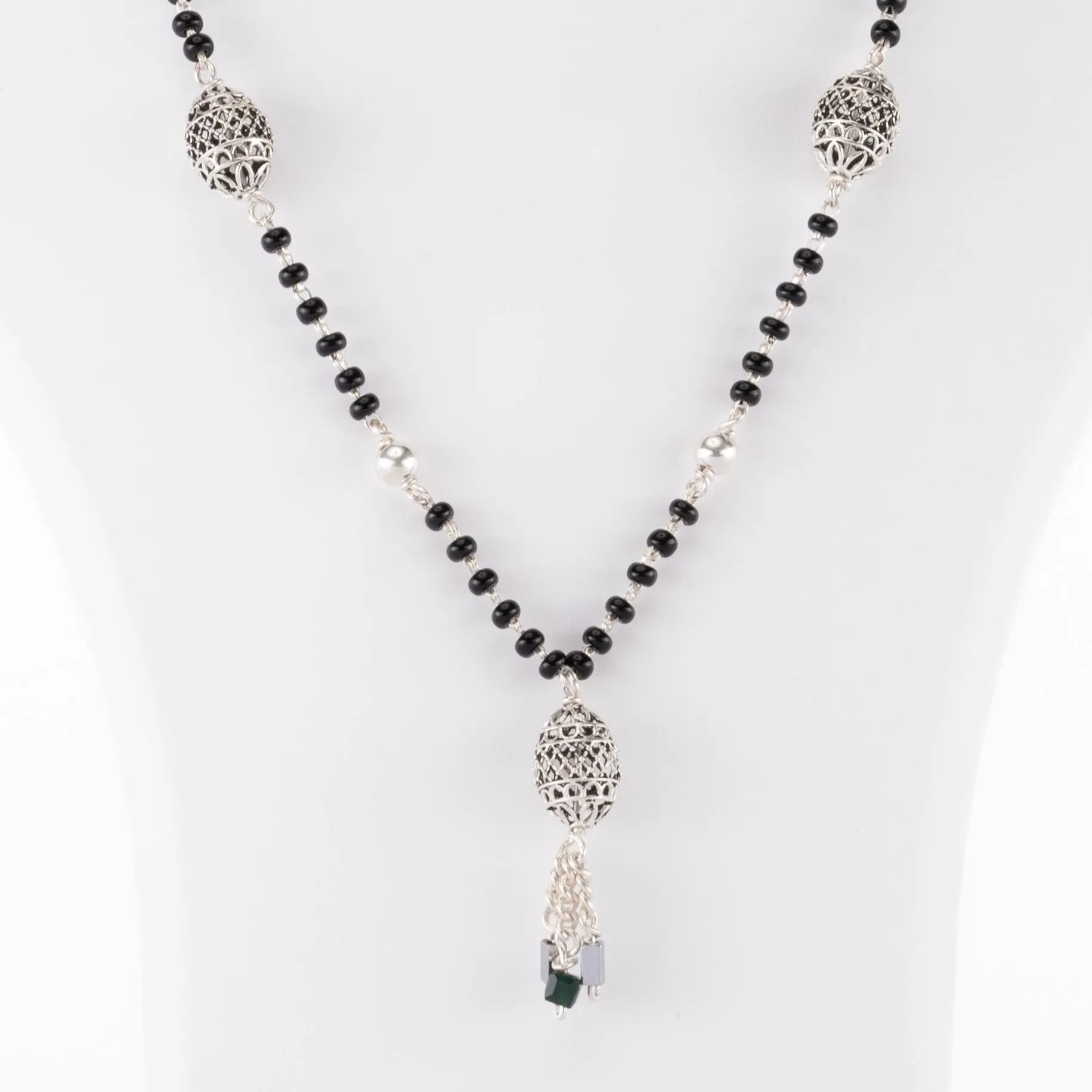 Black Beads Mangal Sutra with 3 Dangling Beaded Silver Pendants for Women