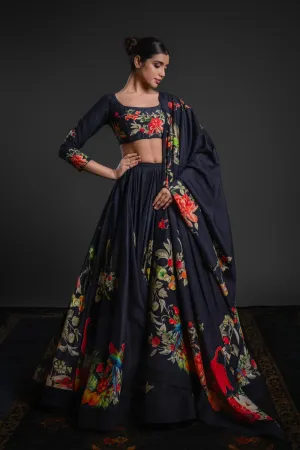 Black Chanderi Lehenga Set with Intricate Embroidery