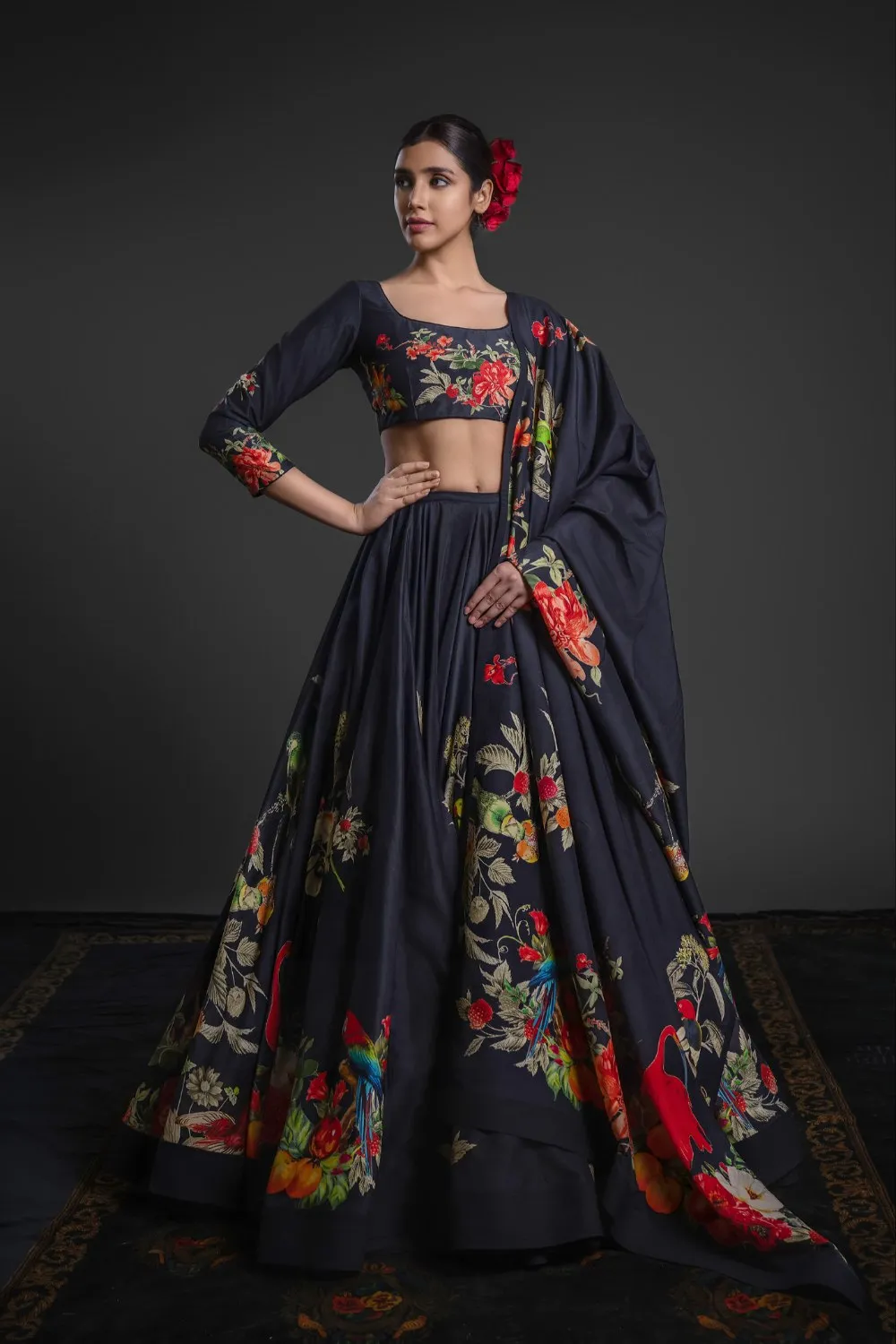 Black Chanderi Lehenga Set with Intricate Embroidery