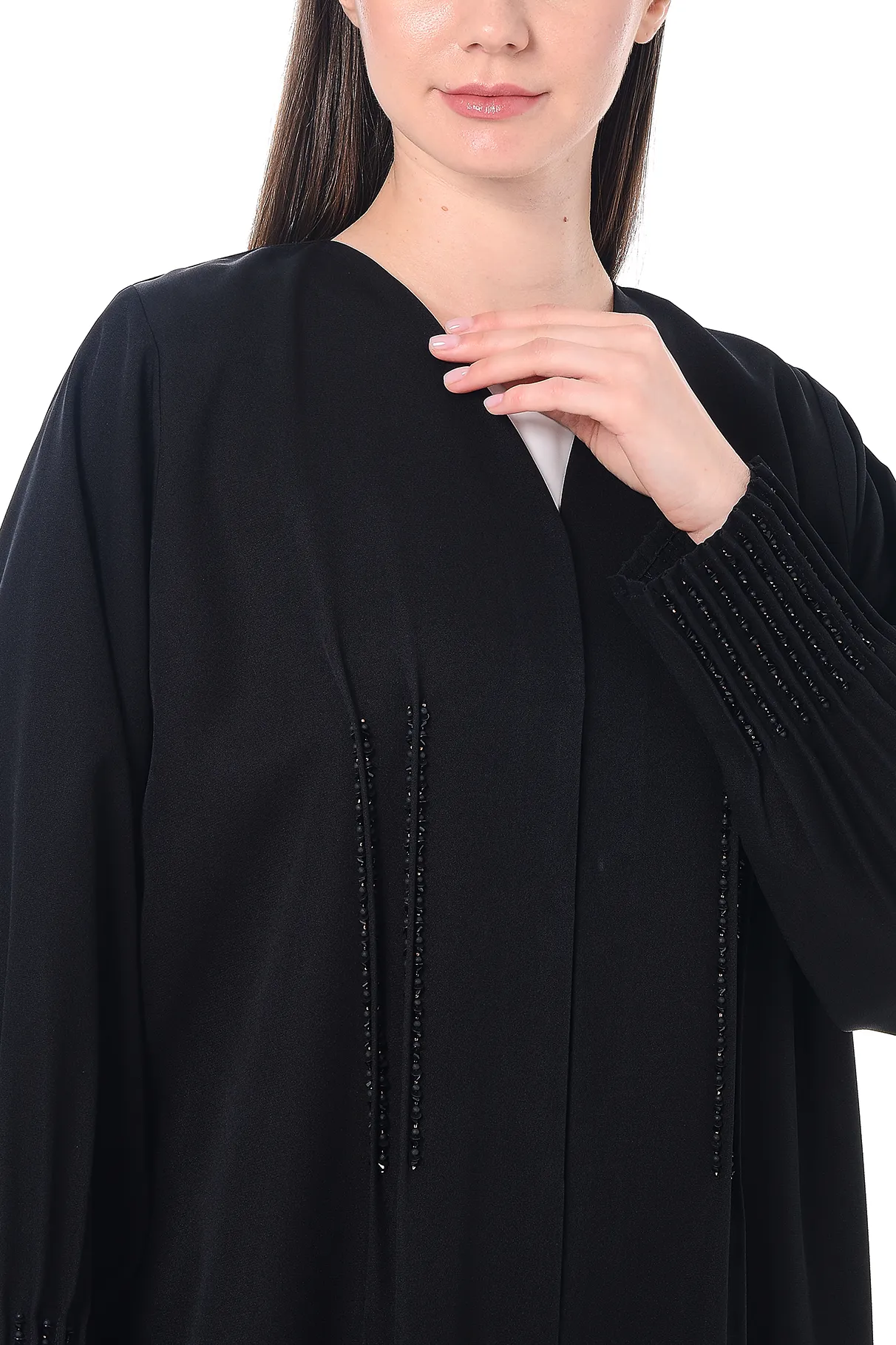 Black Emarati Crepe Abaya with Intricate Beadwork