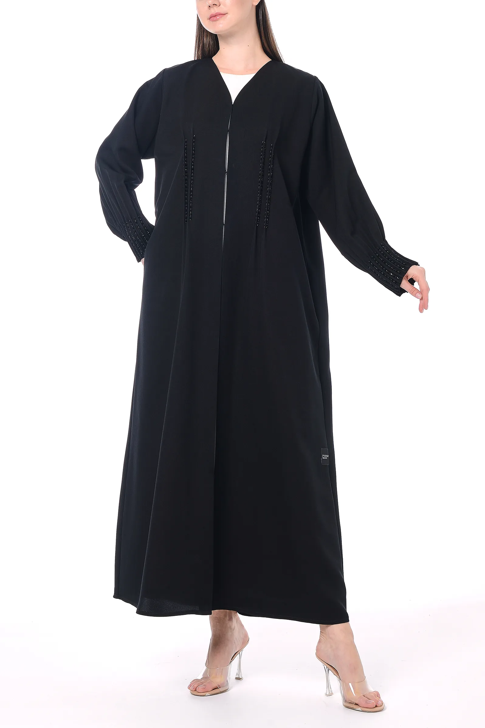 Black Emarati Crepe Abaya with Intricate Beadwork