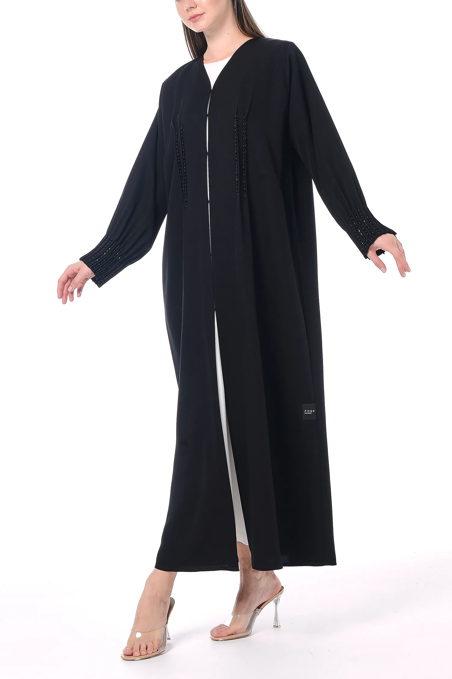 Black Emarati Crepe Abaya with Intricate Beadwork