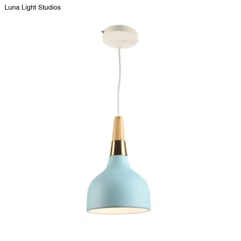 Blue Metal Bowl Pendant Light with Wood Top - Modernist Design