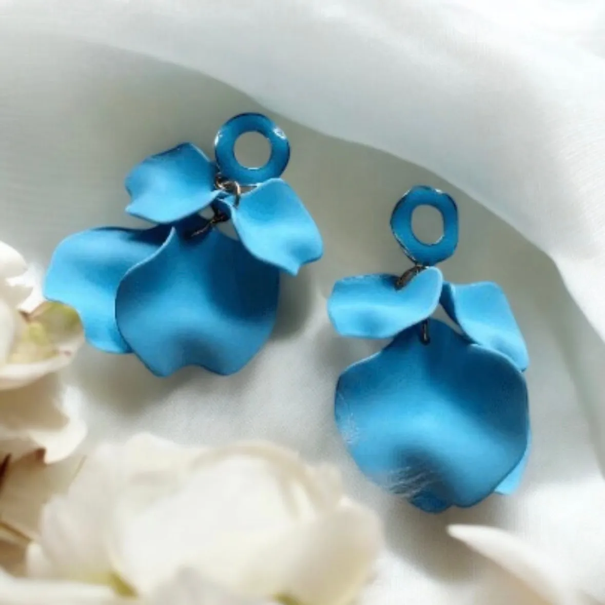 Blue - Sky blue flower earrings |dangly earrings | frosted petals hoop statement earrings | golden disc geometric floral bridal earrings
