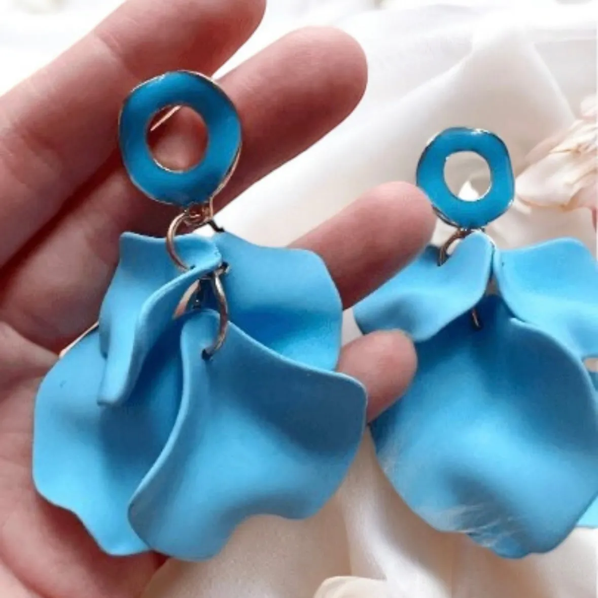 Blue - Sky blue flower earrings |dangly earrings | frosted petals hoop statement earrings | golden disc geometric floral bridal earrings