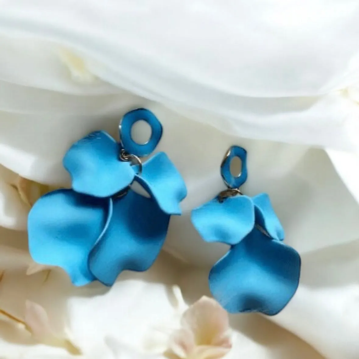 Blue - Sky blue flower earrings |dangly earrings | frosted petals hoop statement earrings | golden disc geometric floral bridal earrings