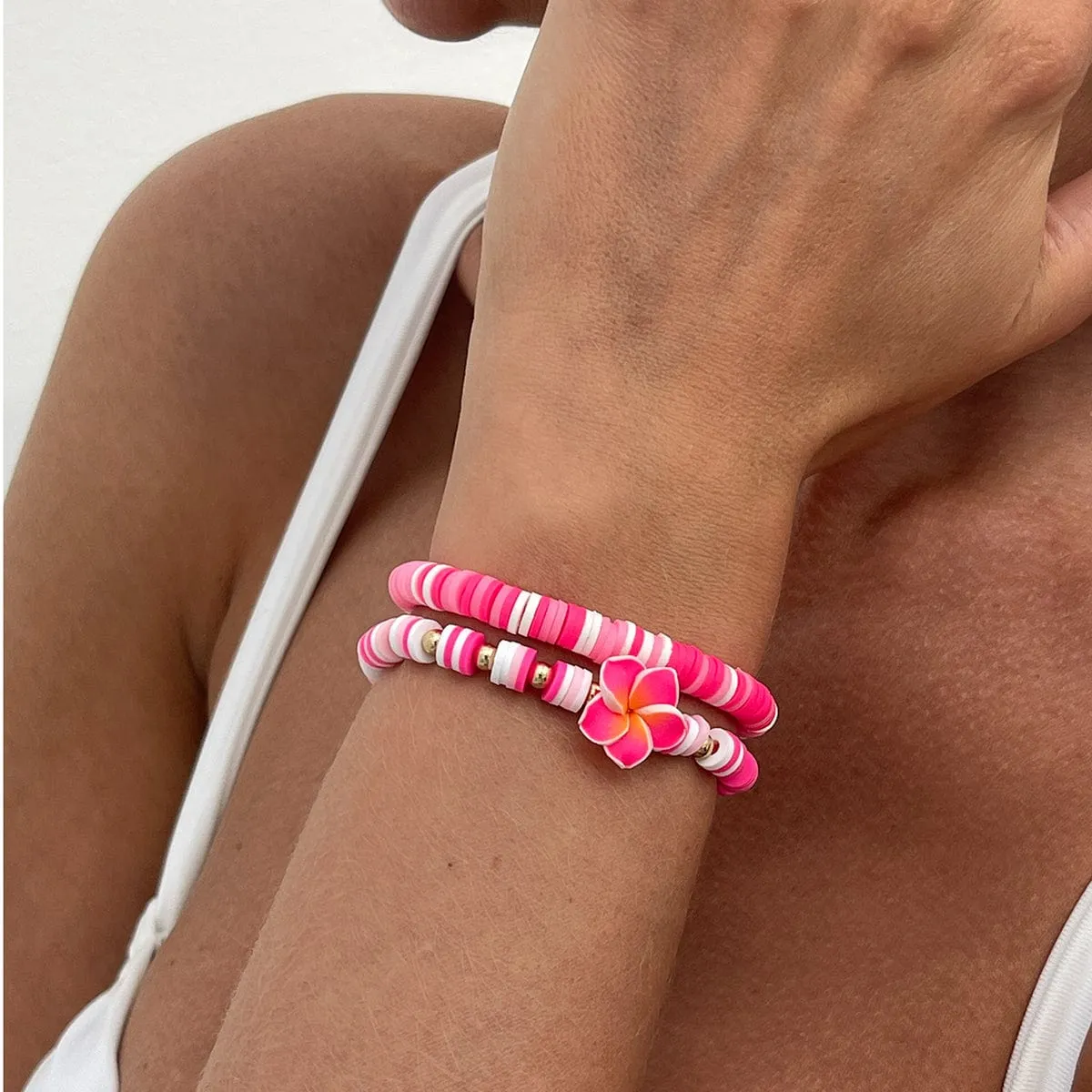 Boho 2pcs Flower Polymer Clay Beaded Friendship Bracelet Set