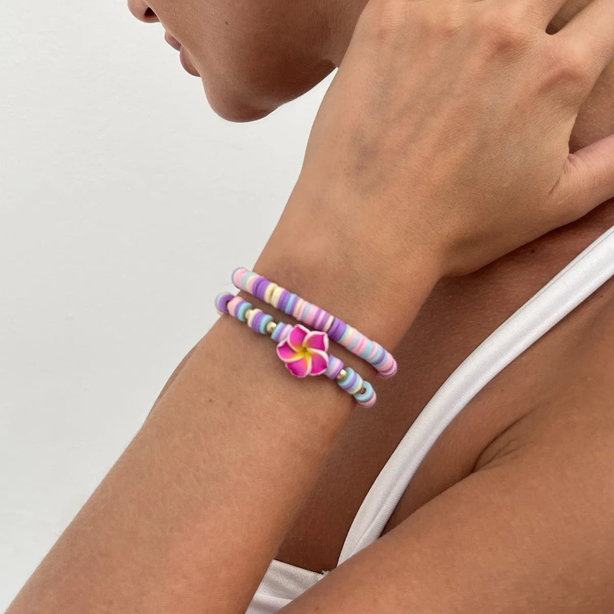 Boho 2pcs Flower Polymer Clay Beaded Friendship Bracelet Set