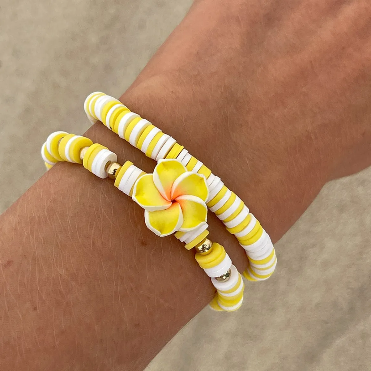 Boho 2pcs Flower Polymer Clay Beaded Friendship Bracelet Set