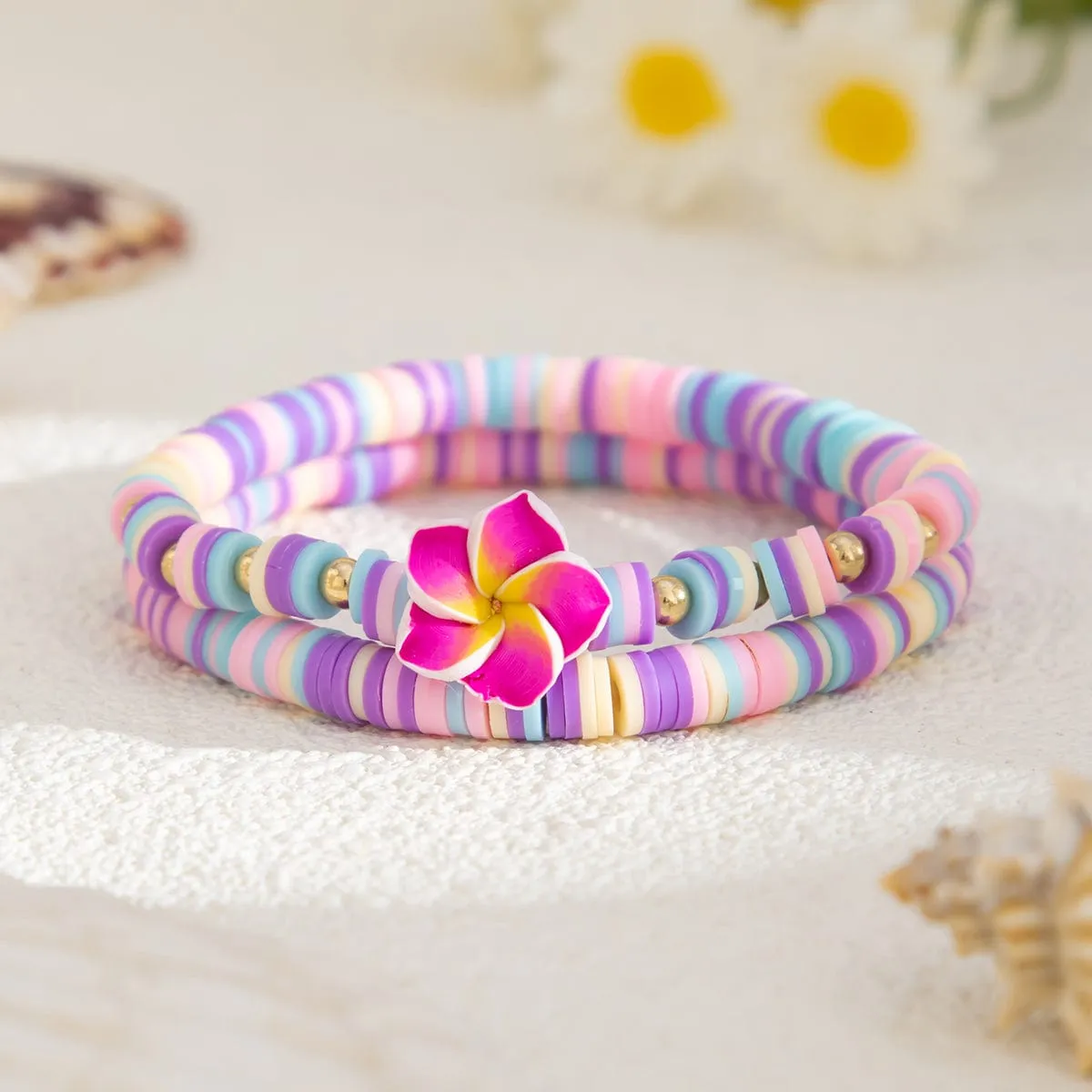 Boho 2pcs Flower Polymer Clay Beaded Friendship Bracelet Set