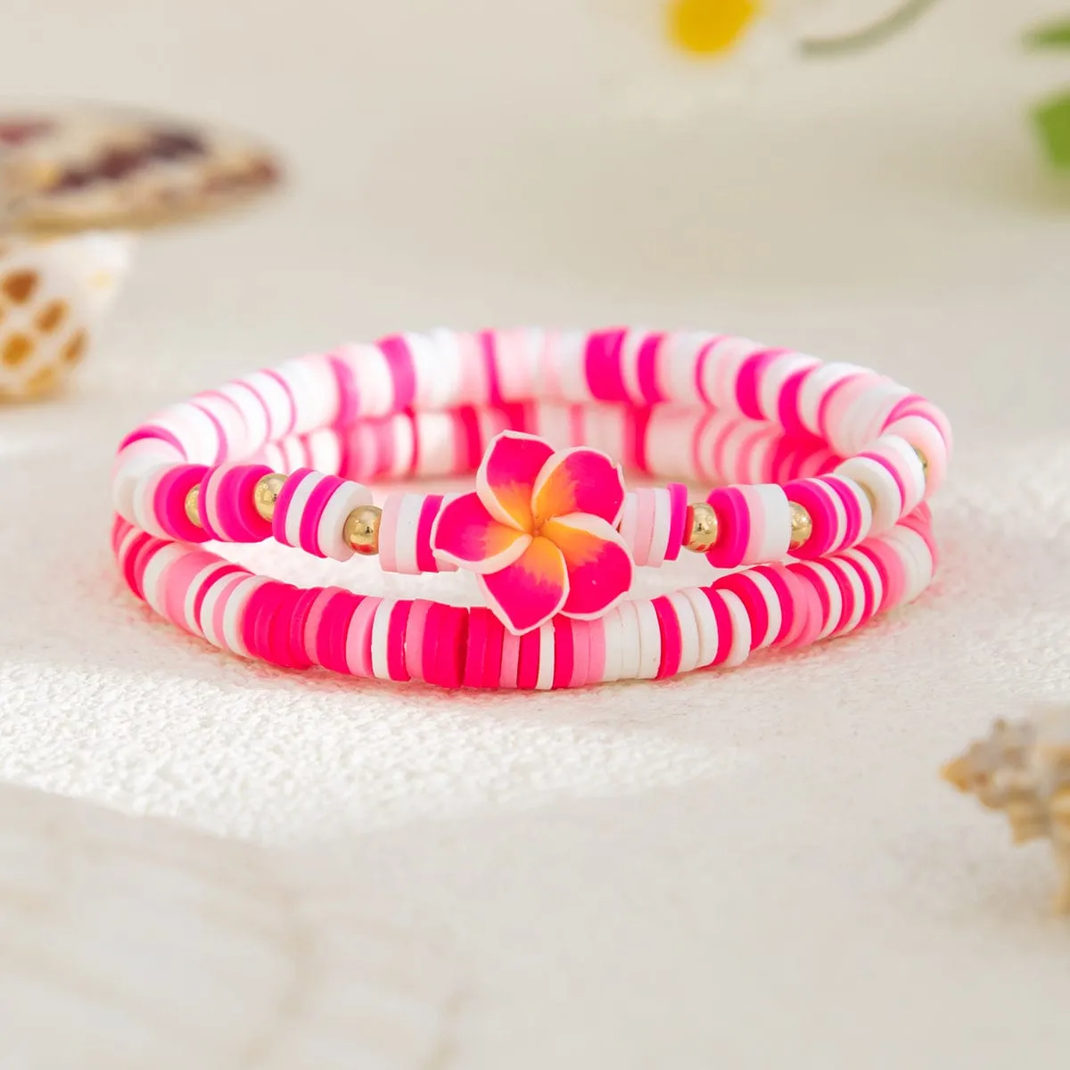 Boho 2pcs Flower Polymer Clay Beaded Friendship Bracelet Set