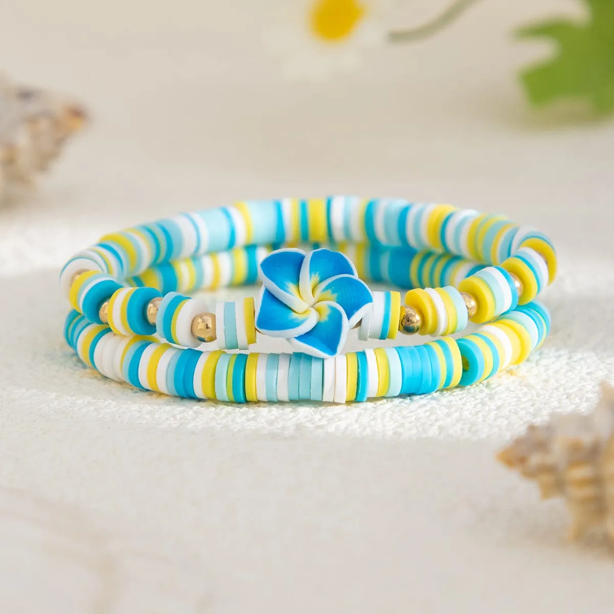 Boho 2pcs Flower Polymer Clay Beaded Friendship Bracelet Set