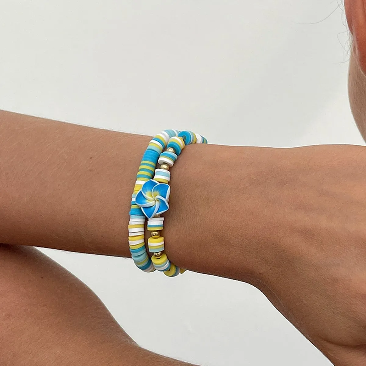 Boho 2pcs Flower Polymer Clay Beaded Friendship Bracelet Set