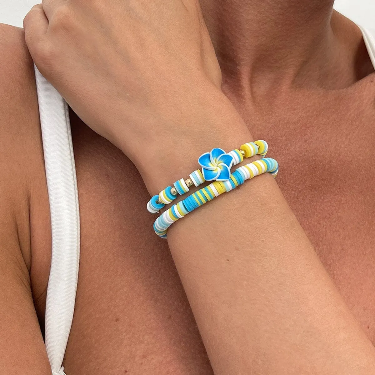 Boho 2pcs Flower Polymer Clay Beaded Friendship Bracelet Set