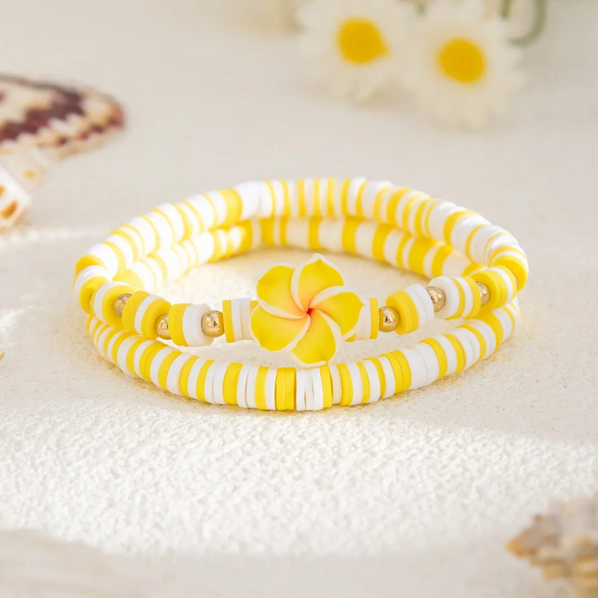 Boho 2pcs Flower Polymer Clay Beaded Friendship Bracelet Set