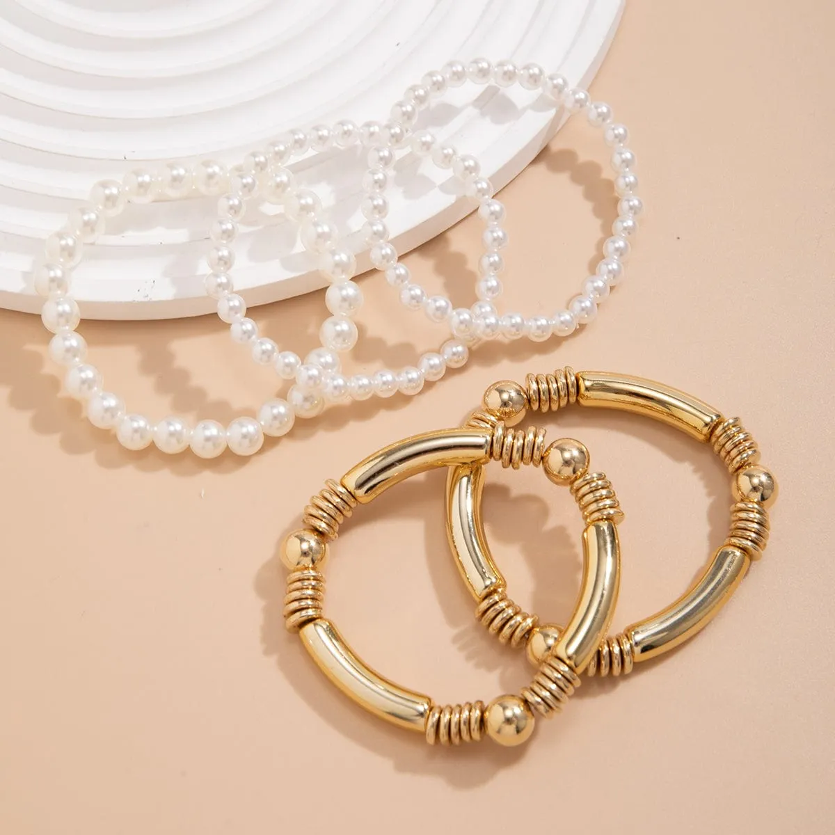 Boho 5 Pcs Gold Silver Plated Pearl Chain Stackable Bracelet Set