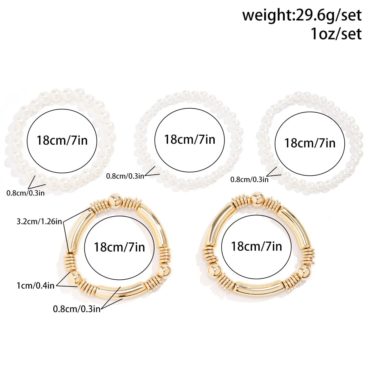 Boho 5 Pcs Gold Silver Plated Pearl Chain Stackable Bracelet Set