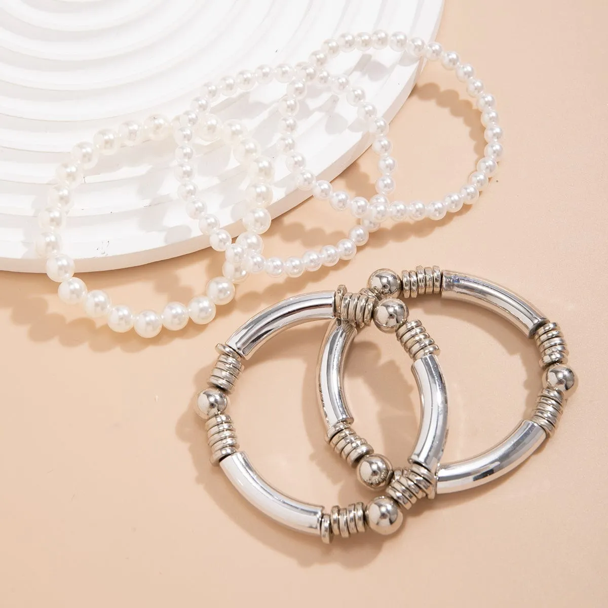 Boho 5 Pcs Gold Silver Plated Pearl Chain Stackable Bracelet Set