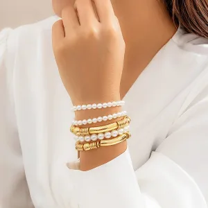 Boho 5 Pcs Gold Silver Plated Pearl Chain Stackable Bracelet Set