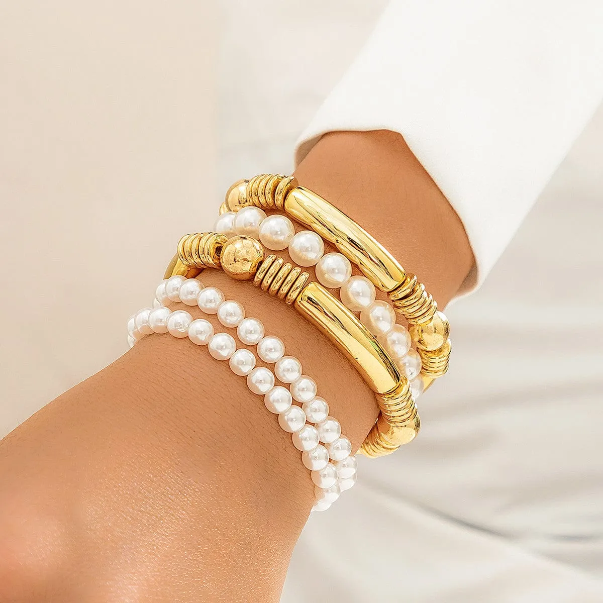 Boho 5 Pcs Gold Silver Plated Pearl Chain Stackable Bracelet Set