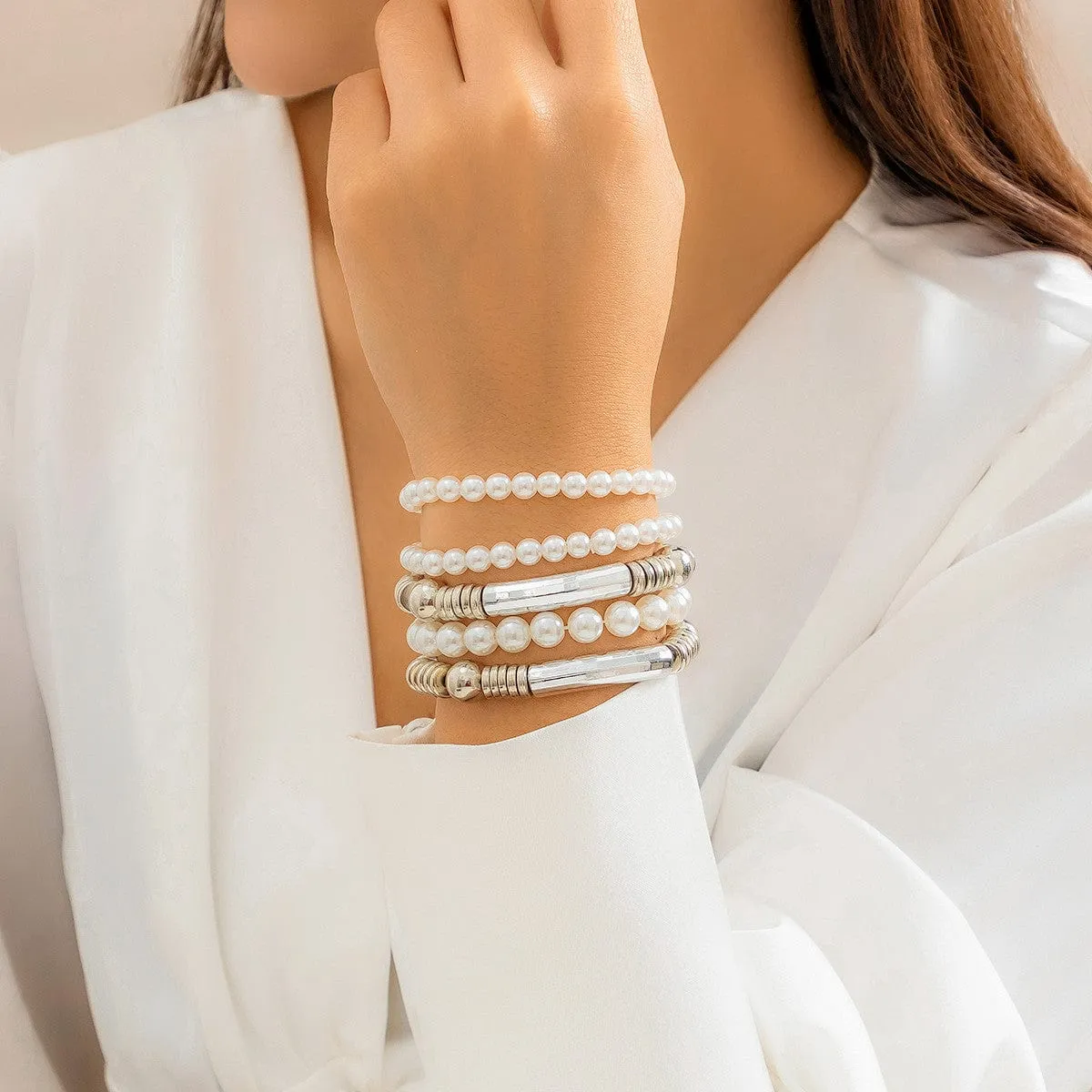 Boho 5 Pcs Gold Silver Plated Pearl Chain Stackable Bracelet Set