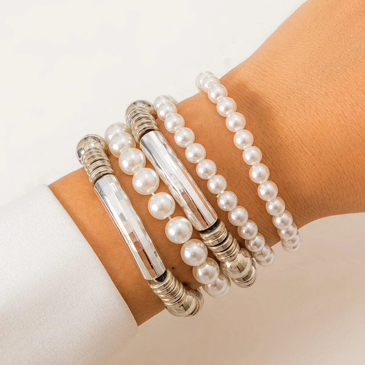 Boho 5 Pcs Gold Silver Plated Pearl Chain Stackable Bracelet Set