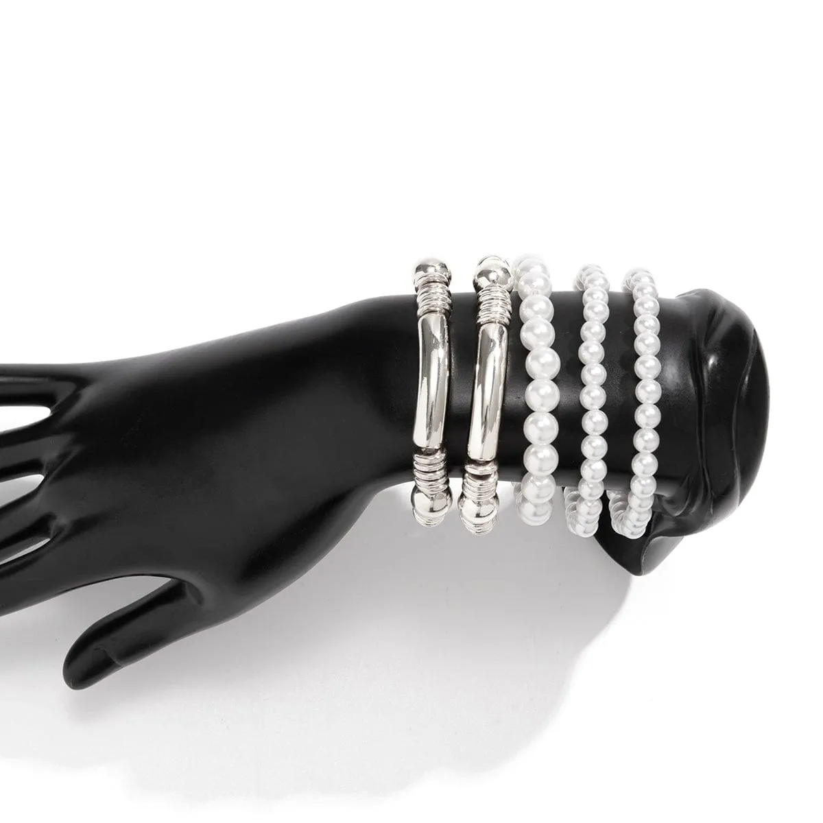 Boho 5 Pcs Gold Silver Plated Pearl Chain Stackable Bracelet Set