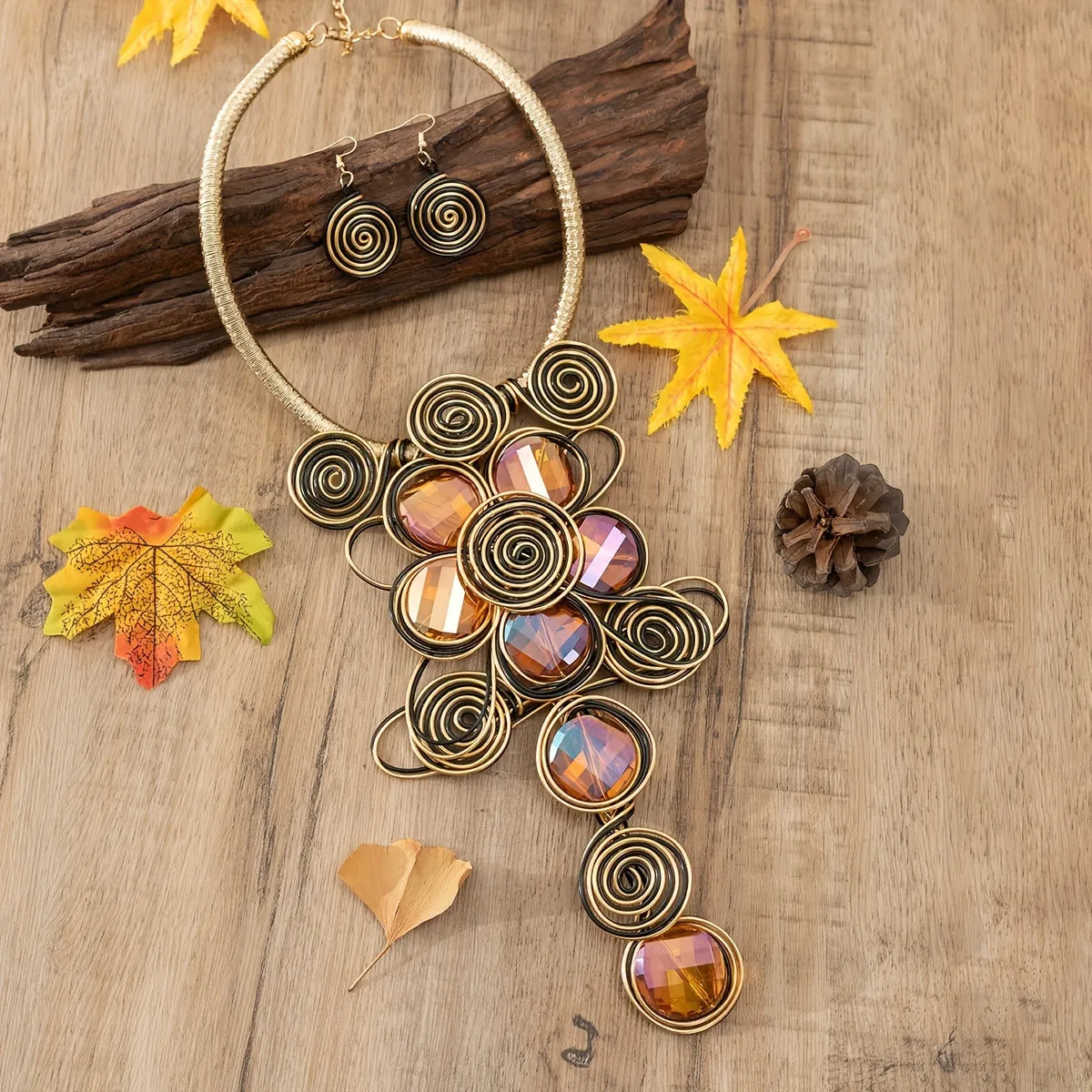 Boho Flower Design Jewelry Set - Necklace & Earrings